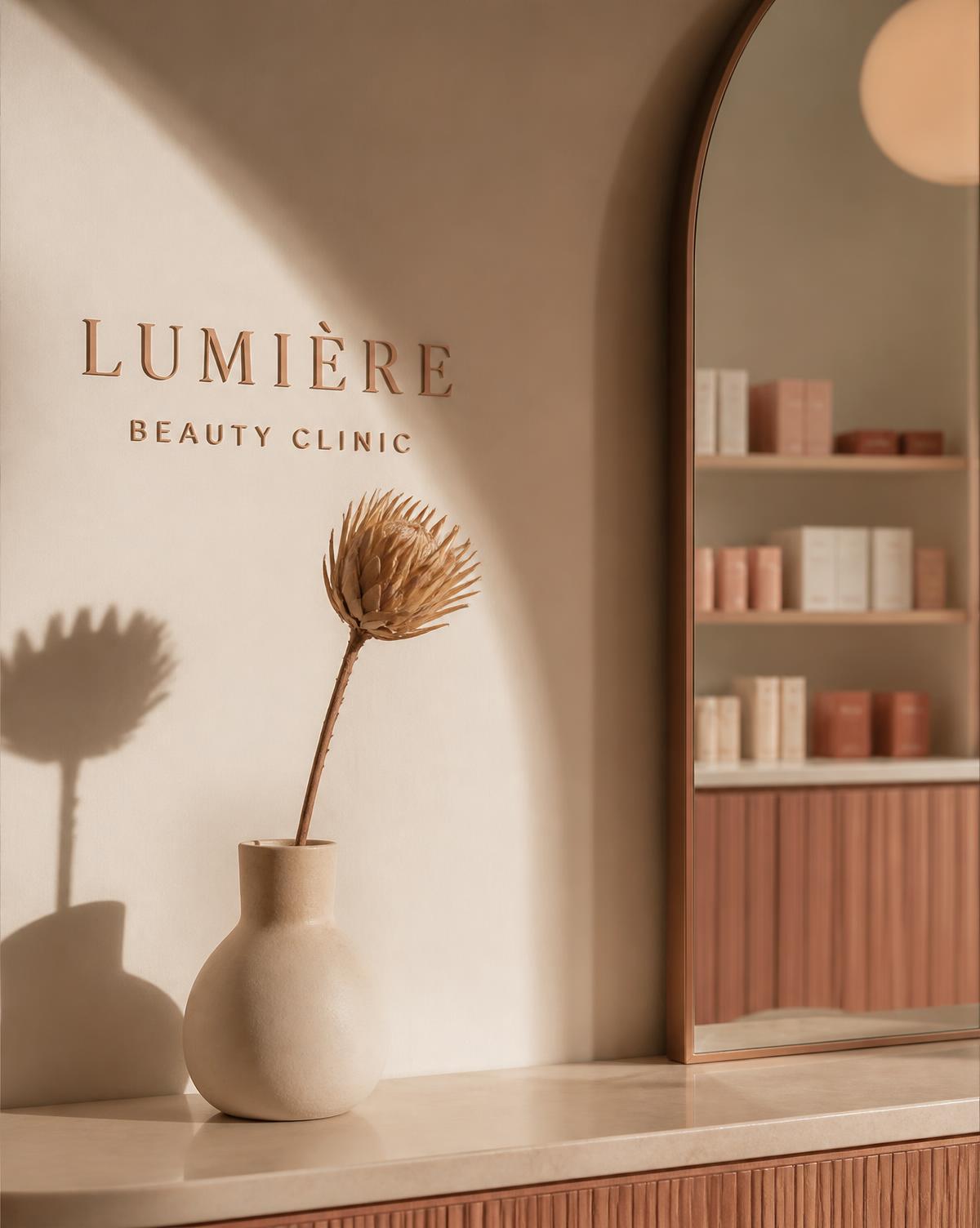 Detalje fra klinikreception med buet spejl og keramikvase