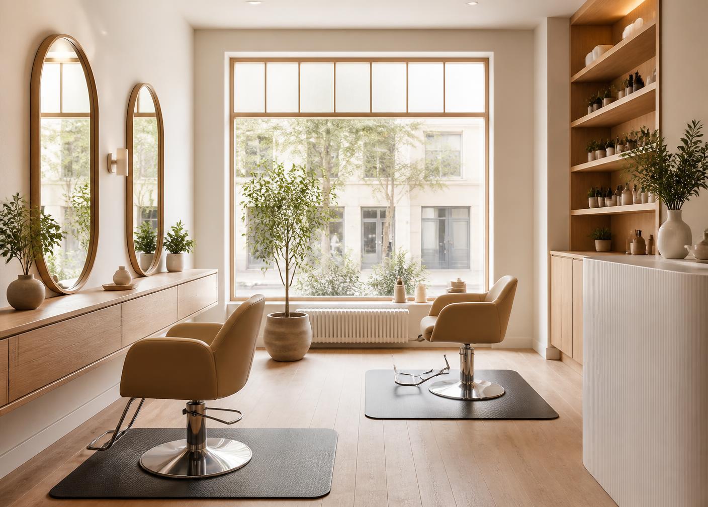 Lyst salonrum med to stole og store vinduer
